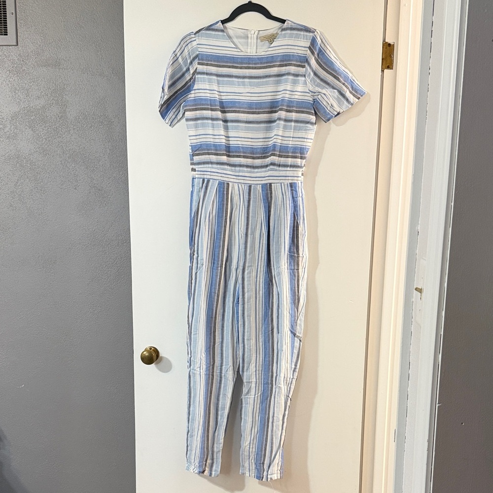 Polagram Blue and White Striped Short Sleeve Jumpsuit